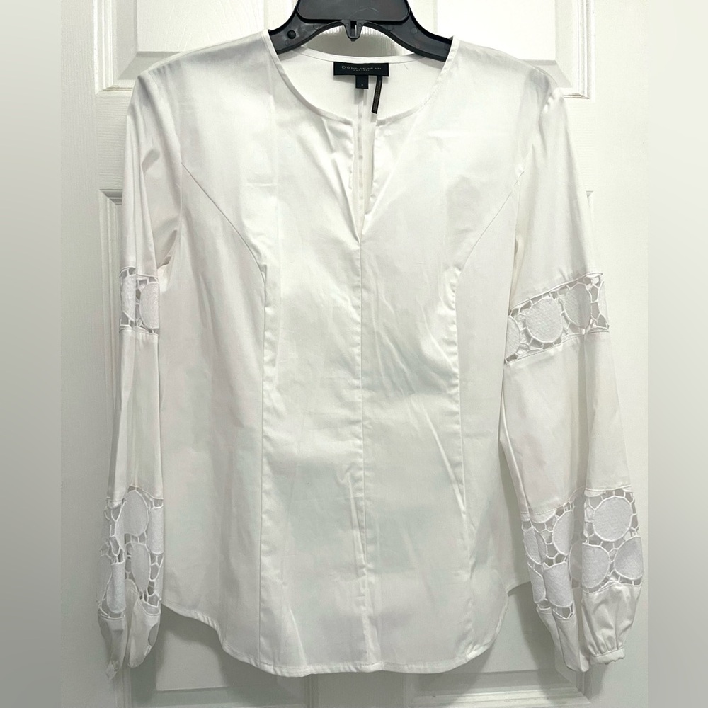 DONNA KARAN Long Sleeve White Blouse with Lace Inserts - Sz S